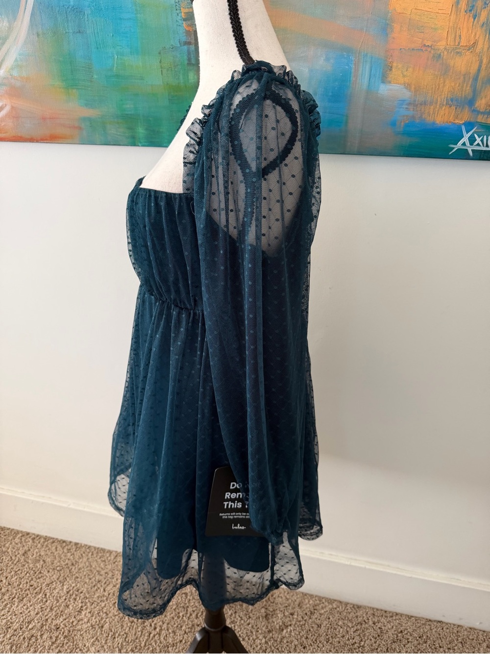 Lulus NWT Dreamy Sweetness Dark Teal Swiss Dot Ruffled Mini Babydoll Dress XL - Picture 7 of 13